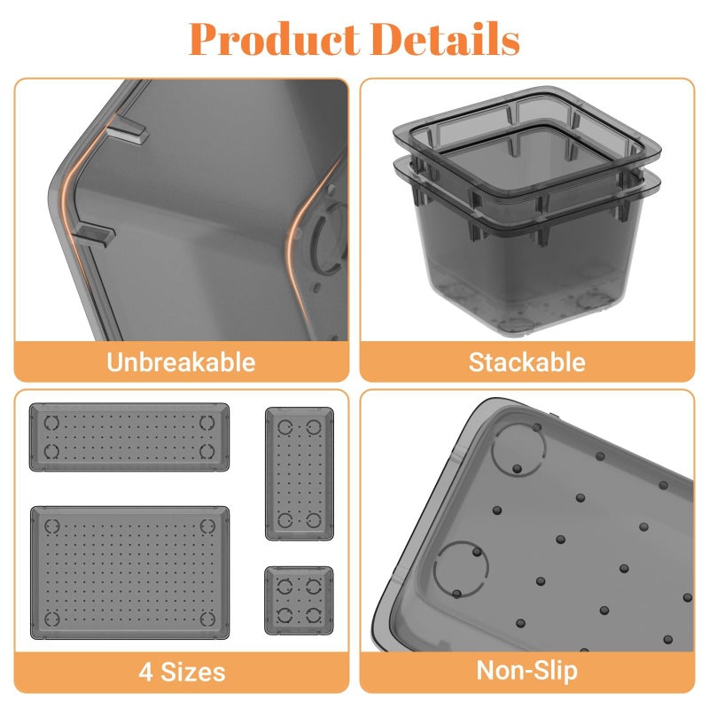 SpaceHacks 15 PCS Clear Plastic Drawer Organizer Set, 4-Size Acrylic Drawer Storage Trays, Storage Bins for Makeup, Gadgets, and Jewelry in Bathroom, Bedroom and Office, Clear Black - Image 2
