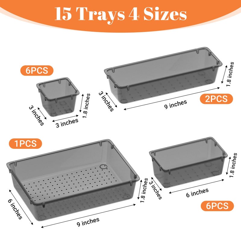 SpaceHacks 15 PCS Clear Plastic Drawer Organizer Set, 4-Size Acrylic Drawer Storage Trays, Storage Bins for Makeup, Gadgets, and Jewelry in Bathroom, Bedroom and Office, Clear Black - Image 3
