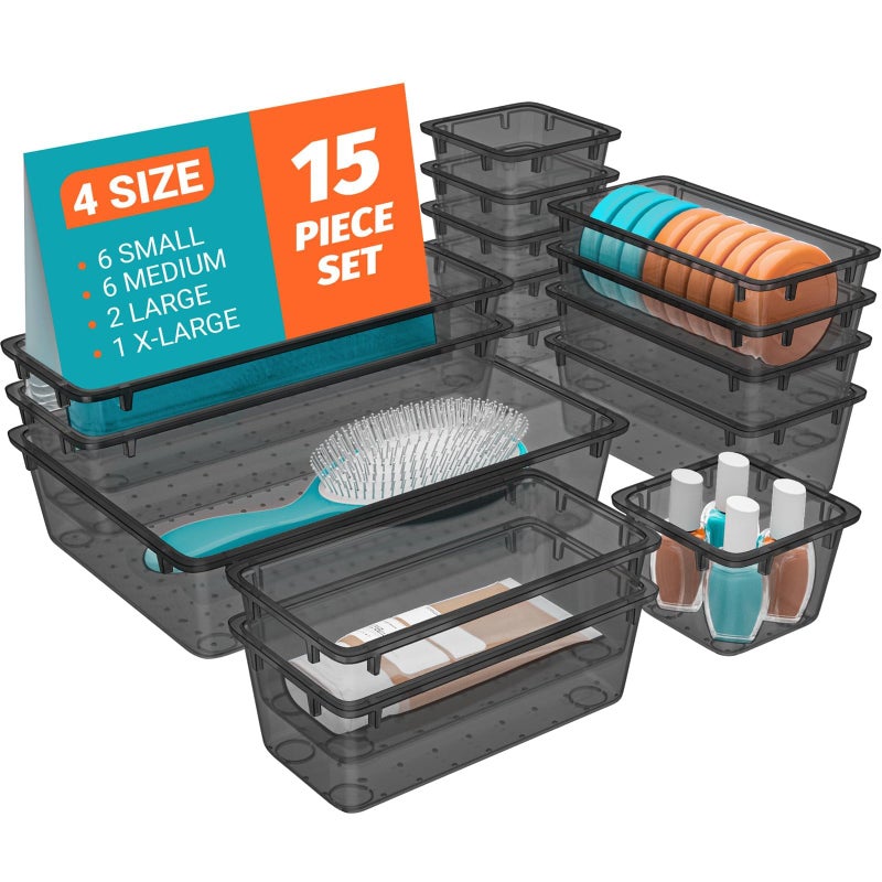 SpaceHacks 15 PCS Clear Plastic Drawer Organizer Set, 4-Size Acrylic Drawer Storage Trays, Storage Bins for Makeup, Gadgets, and Jewelry in Bathroom, Bedroom and Office, Clear Black - Image 1