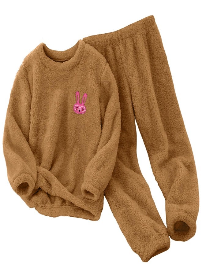 Yimoon Girls Fuzzy Pants Set Winter Flannel Fleece Crewneck Sweatshirt and Pants Sweatsuit Fluffy Two Piece Outfits(Coffee-11Y) - Image 1