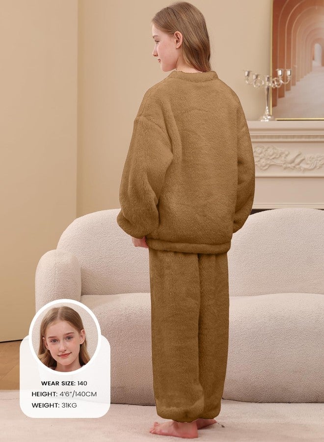 Yimoon Girls Fuzzy Pants Set Winter Flannel Fleece Crewneck Sweatshirt and Pants Sweatsuit Fluffy Two Piece Outfits(Coffee-11Y) - Image 3