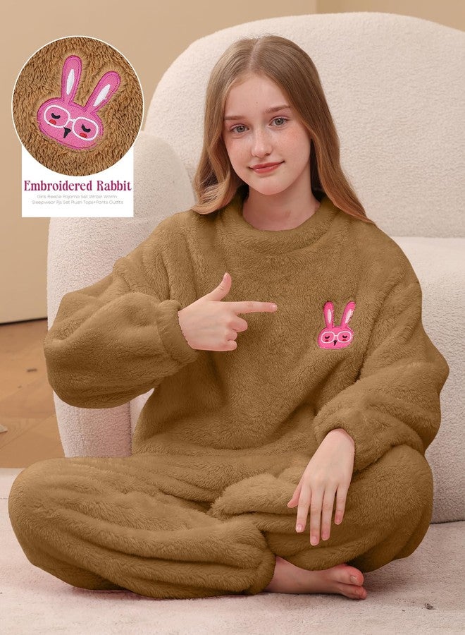 Yimoon Girls Fuzzy Pants Set Winter Flannel Fleece Crewneck Sweatshirt and Pants Sweatsuit Fluffy Two Piece Outfits(Coffee-11Y) - Image 5