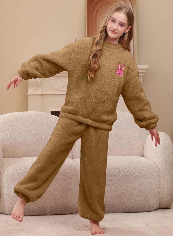 Yimoon Girls Fuzzy Pants Set Winter Flannel Fleece Crewneck Sweatshirt and Pants Sweatsuit Fluffy Two Piece Outfits(Coffee-11Y) - Image 2
