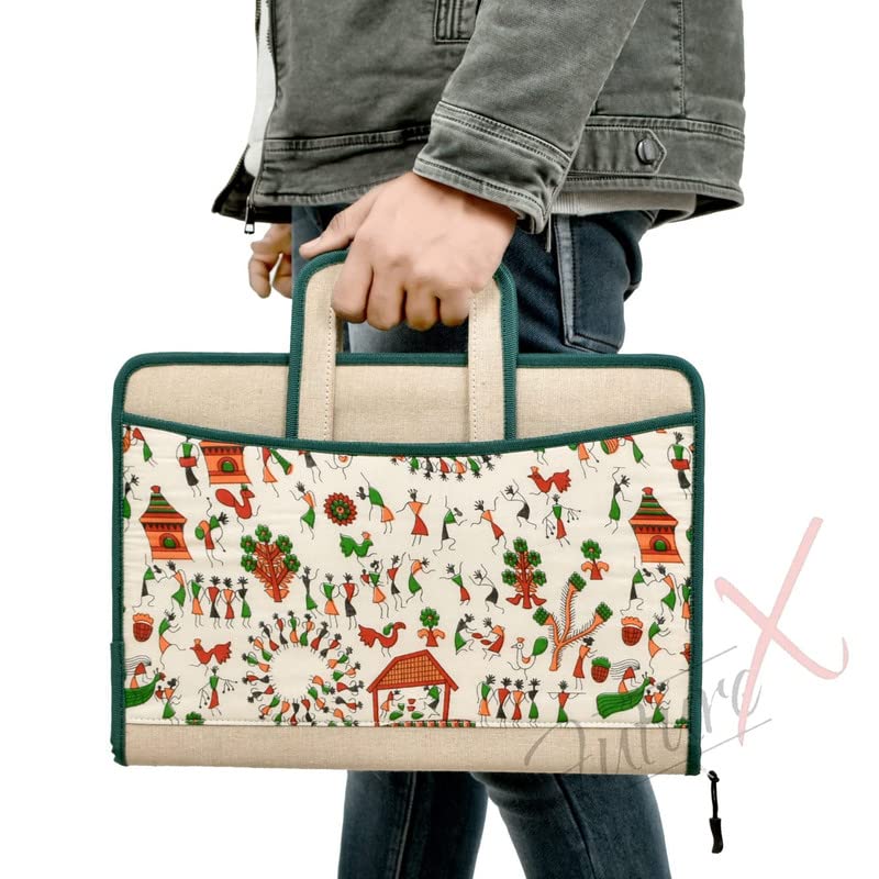 CAMPIO Premium Warli Print Jute File Folder – Multipurpose FS Size Document Holder Bag & Portfolio with Adjustable Handle | Ideal for Certificates, Papers & Office Use (Pack of 1) - Image 3