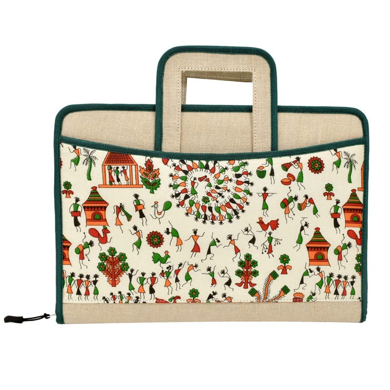 CAMPIO Premium Warli Print Jute File Folder – Multipurpose FS Size Document Holder Bag & Portfolio with Adjustable Handle | Ideal for Certificates, Papers & Office Use (Pack of 1) - Image 2