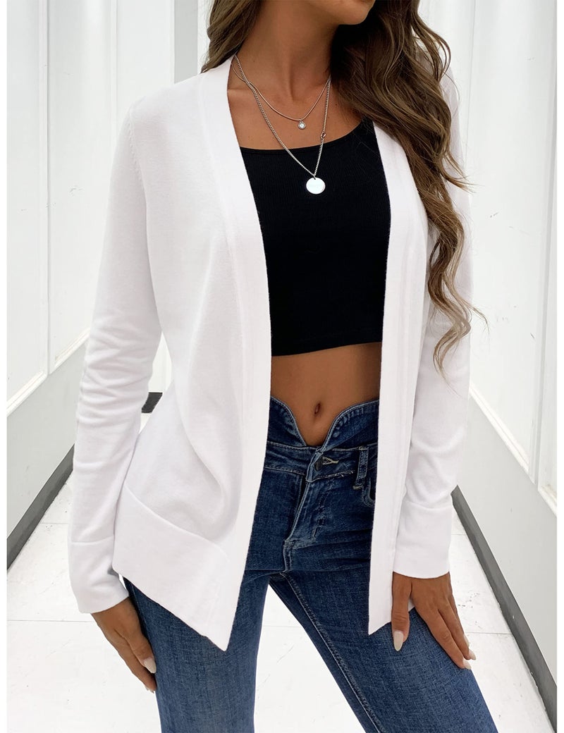 LIENRIDY Women's Open Front Casual Long Sleeve Knit Classic Sweaters Cardigan White L - Image 3