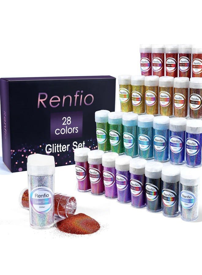 Renfio Holography Ultra Fine Glitter Powder, 28 Colors 420ml Glitter Set, Resin Glitter Powder, Nail Glitter, Assorted Craft Glitter for Epoxy Resin Art, Body Face Hair Glitter Bulk, Glitter Tumbler - Image 1