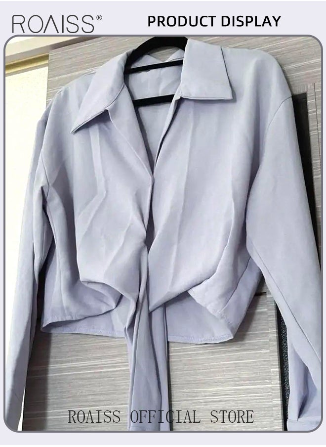 Long Sleeve Lapel Shirt  for Women with Tie Knot Back Design for Women Cross Wrap Front Temperament Waist Slimming Shirts Retro Solid Pullover Ladies Blouses Chic Button Office Shirts - pzsku/Z1B0B9F6324DDCFA09F6DZ/45/_/1720521074/9c159932-aff7-4297-9c49-c6c931dbdd18