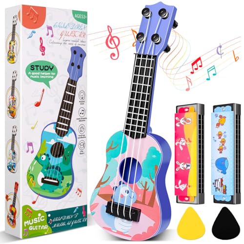KFPPLXQ Mini Guitar for Kids 10 Inch Toddler Guitar Ukulele with 2 Mini Harmonica 16 Holes Kids Party Favor Dinosaur - Image 1