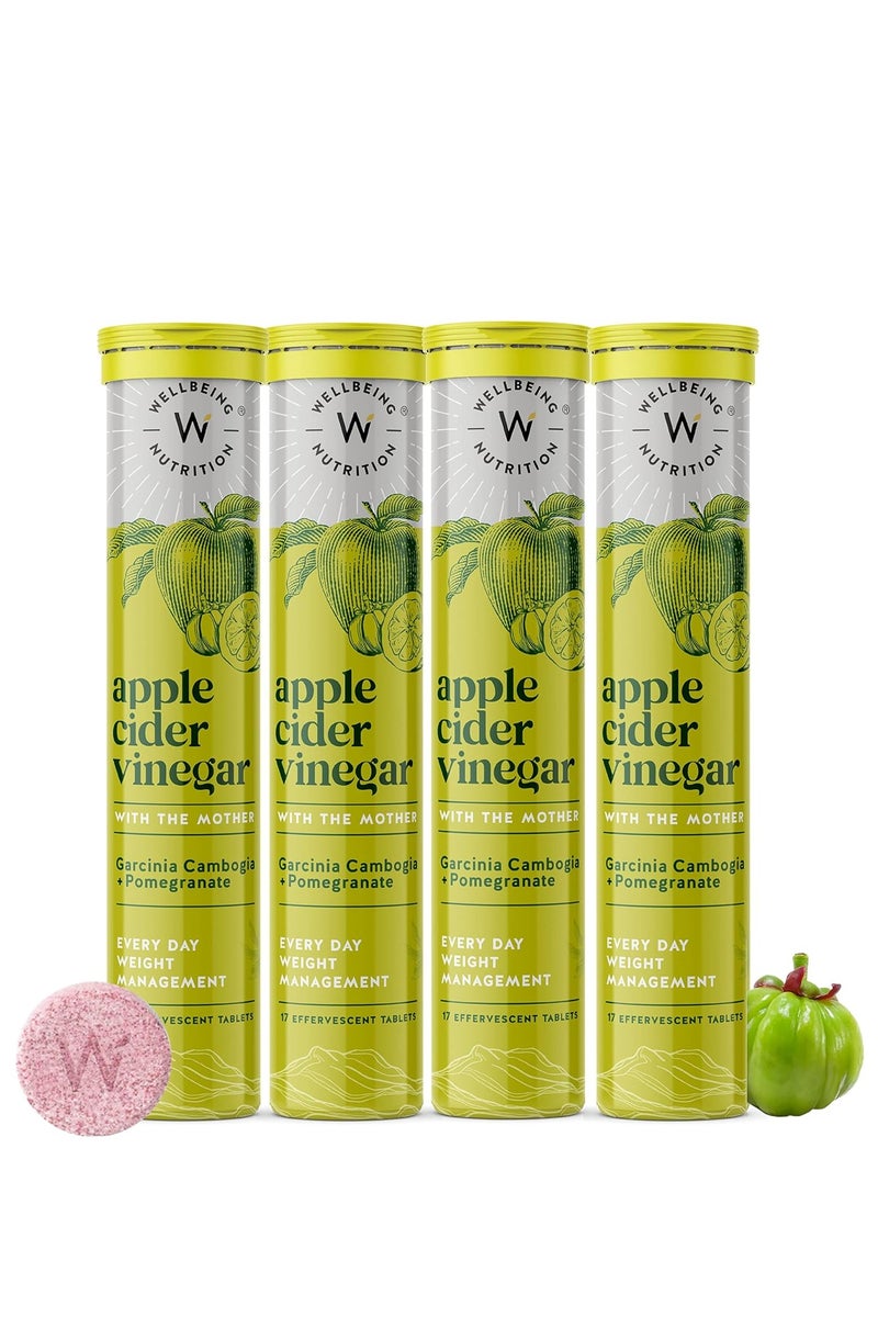 WELLBEING NUTRITION Apple Cider Vinegar (ACV) for Weight Loss with Mother & Garcinia Cambogia, Pomegranate| Weight Management, Gut Health, Supports Digestion, Boosts Metabolism 17 Effervescent Tablet Pack of 4 - Image 1