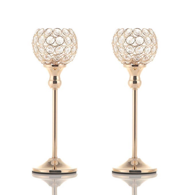 GOLD CRYSTAL CANDLE HOLDERS SET OF 2 FOR FIREPLACE COFFEE TABLE MANTLE DECORWEDDING HOME HALLOWEEN DECORATION CENTERPIECES