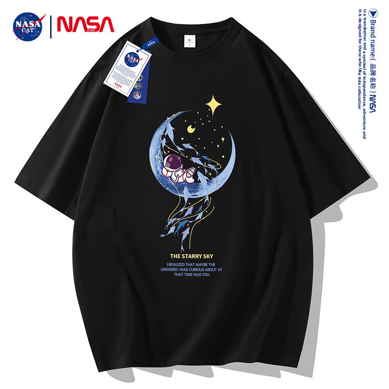Nasa Short-Sleeved T-Shirt Men'S Heavy Cotton Trendy All-Match Casual Half-Sleeved T-Shirt Men'S And Women'S T-Shirt Base Shirt Loose Trendy - Image 2