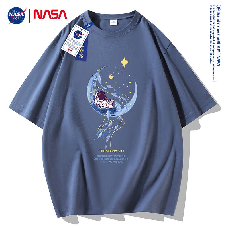 Nasa Short-Sleeved T-Shirt Men'S Heavy Cotton Trendy All-Match Casual Half-Sleeved T-Shirt Men'S And Women'S T-Shirt Base Shirt Loose Trendy - Image 1