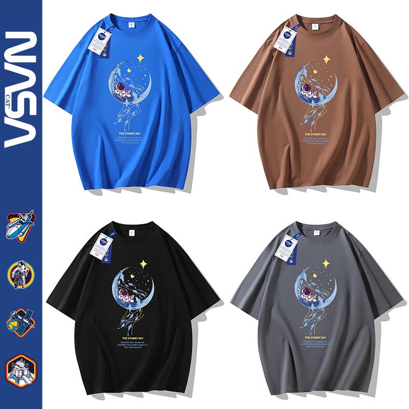 Nasa Short-Sleeved T-Shirt Men'S Heavy Cotton Trendy All-Match Casual Half-Sleeved T-Shirt Men'S And Women'S T-Shirt Base Shirt Loose Trendy - Image 4