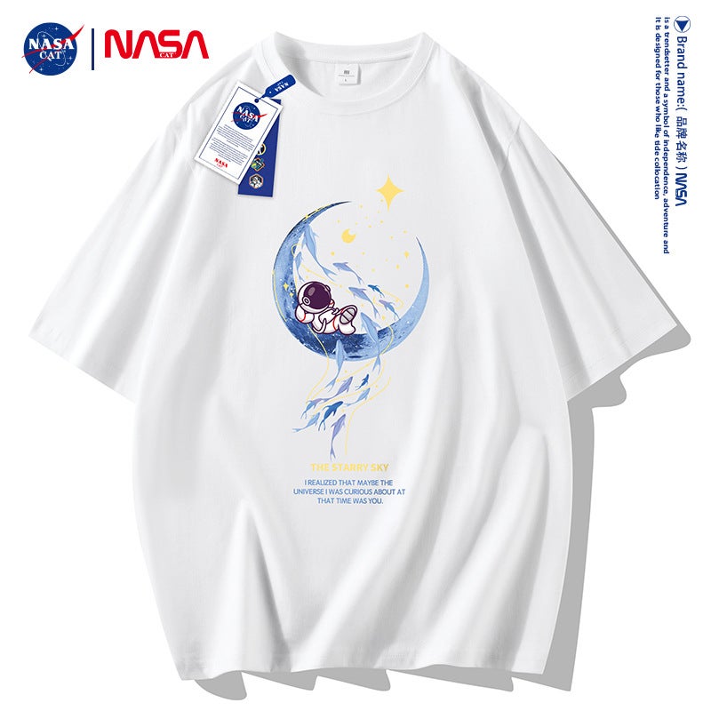 Nasa Short-Sleeved T-Shirt Men'S Heavy Cotton Trendy All-Match Casual Half-Sleeved T-Shirt Men'S And Women'S T-Shirt Base Shirt Loose Trendy - Image 3