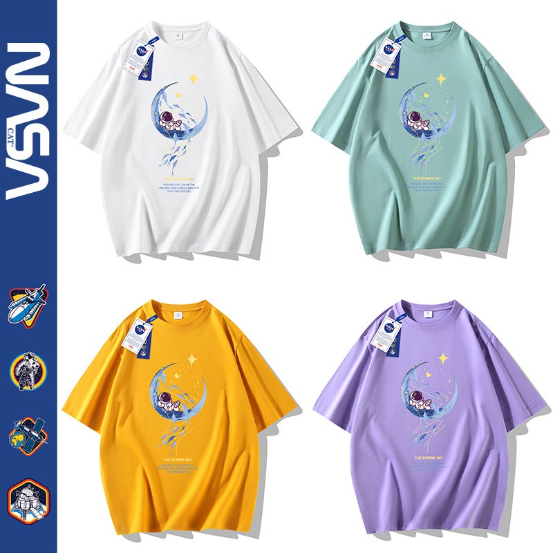 Nasa Short-Sleeved T-Shirt Men'S Heavy Cotton Trendy All-Match Casual Half-Sleeved T-Shirt Men'S And Women'S T-Shirt Base Shirt Loose Trendy - Image 5