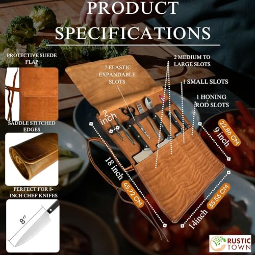 RUSTIC TOWN Leather Knife Roll Chefs Knife Case Holder Cutlery Carrying Case Organizer Storage Bag Travel Friendly Gift for Men Women - Image 3