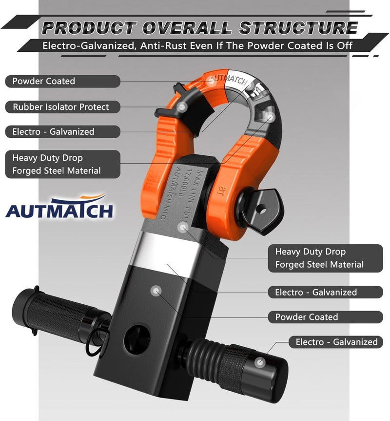 AUTMATCH Shackle Hitch Receiver 2" with 3/4" Mega D Ring Shackle and 5/8" Trailer Hitch Lock Pin, 68,000 Lbs Break Strength Heavy Duty Receiver Towing Kit for Off-Road Vehicle Recovery, Orange & Black - Image 4