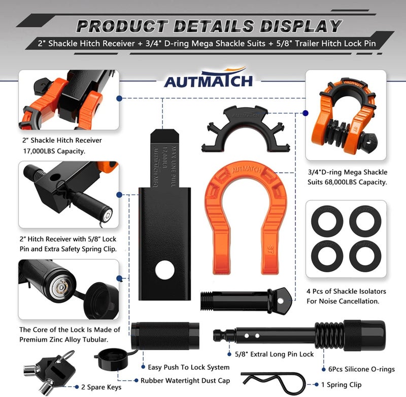 AUTMATCH Shackle Hitch Receiver 2" with 3/4" Mega D Ring Shackle and 5/8" Trailer Hitch Lock Pin, 68,000 Lbs Break Strength Heavy Duty Receiver Towing Kit for Off-Road Vehicle Recovery, Orange & Black - Image 2