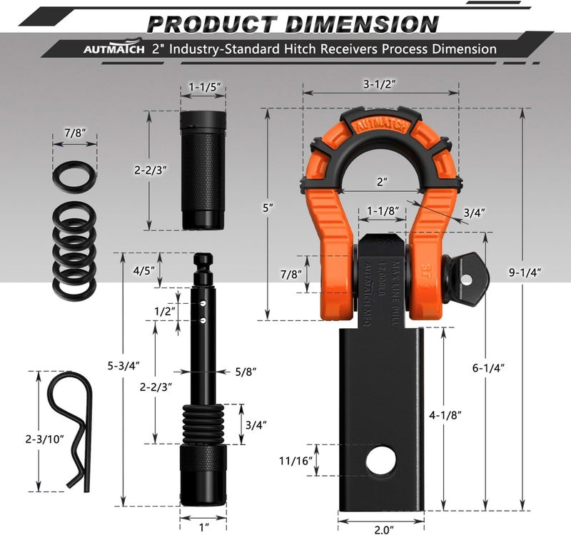 AUTMATCH Shackle Hitch Receiver 2" with 3/4" Mega D Ring Shackle and 5/8" Trailer Hitch Lock Pin, 68,000 Lbs Break Strength Heavy Duty Receiver Towing Kit for Off-Road Vehicle Recovery, Orange & Black - Image 3