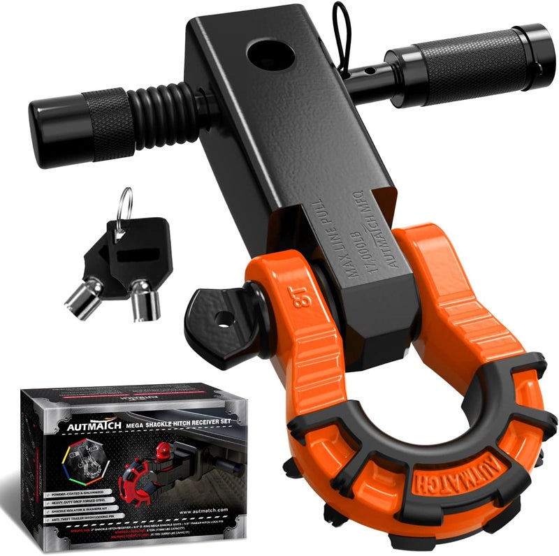 AUTMATCH Shackle Hitch Receiver 2" with 3/4" Mega D Ring Shackle and 5/8" Trailer Hitch Lock Pin, 68,000 Lbs Break Strength Heavy Duty Receiver Towing Kit for Off-Road Vehicle Recovery, Orange & Black - Image 1
