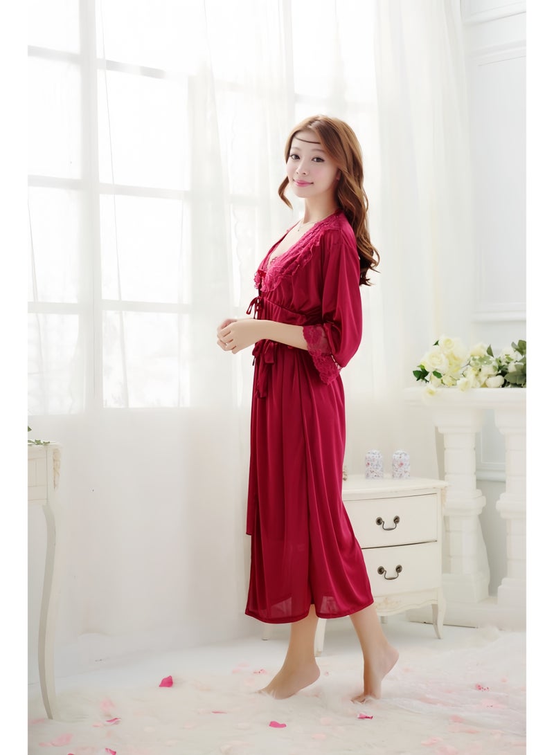 هالامودو رداء حرير مزين بالدانتيل للنساء، رداء حرير ساتان، ثوب نوم، رداء عروس، كيمونو وصيفة العروس، رداء حمام ساتان، رقبة على شكل حرف V، ملابس نوم بأكمام 3/4 - Image 5