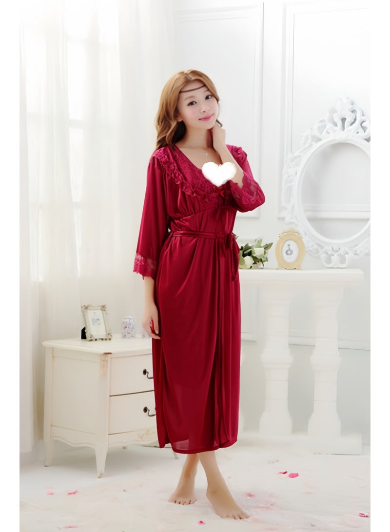 هالامودو رداء حرير مزين بالدانتيل للنساء، رداء حرير ساتان، ثوب نوم، رداء عروس، كيمونو وصيفة العروس، رداء حمام ساتان، رقبة على شكل حرف V، ملابس نوم بأكمام 3/4 - Image 1
