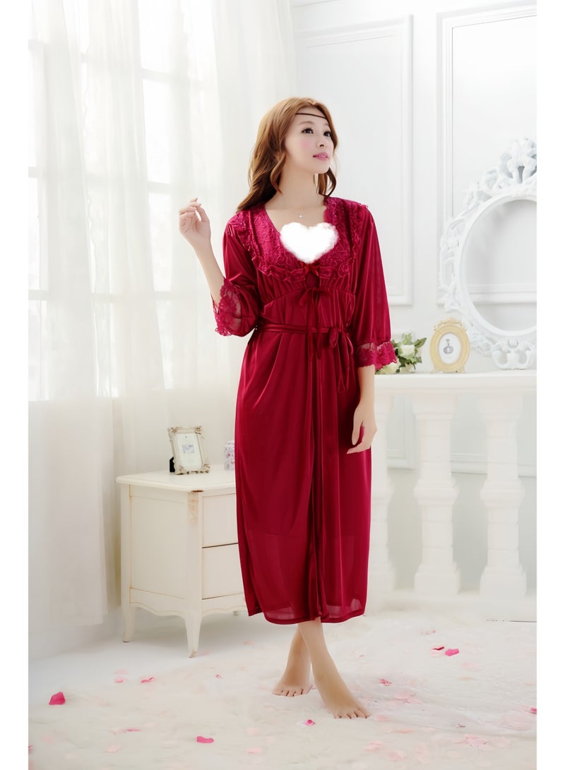 هالامودو رداء حرير مزين بالدانتيل للنساء، رداء حرير ساتان، ثوب نوم، رداء عروس، كيمونو وصيفة العروس، رداء حمام ساتان، رقبة على شكل حرف V، ملابس نوم بأكمام 3/4 - Image 4