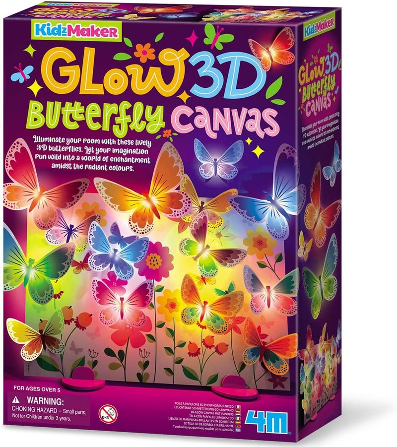 4m KidzMaker 3D Glow Butterfly Canvas, Create Your Own Light Up Butterfly Artwork, Arts and Crafts Kit for Boys and Girls Ages 5+ - Image 1