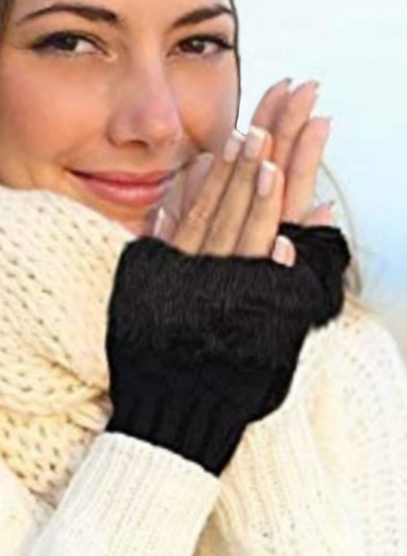 Fingerless Winter Glove Thumb Hole Mittens Knitted Warm Glove with Faux Fur for women, black color - Image 1