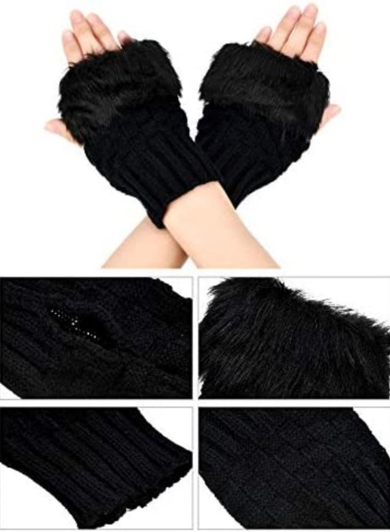 Fingerless Winter Glove Thumb Hole Mittens Knitted Warm Glove with Faux Fur for women, black color - Image 2