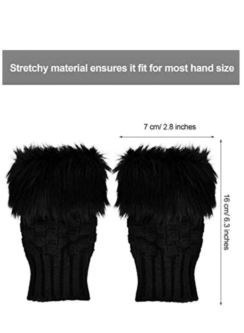 Fingerless Winter Glove Thumb Hole Mittens Knitted Warm Glove with Faux Fur for women, black color - Image 5