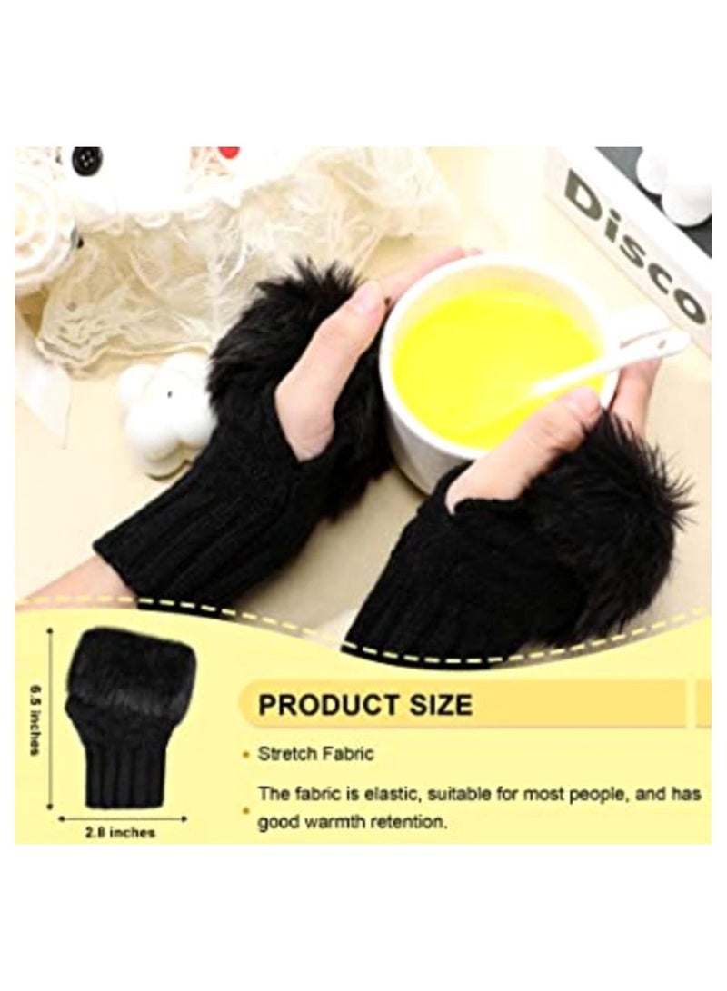 Fingerless Winter Glove Thumb Hole Mittens Knitted Warm Glove with Faux Fur for women, black color - Image 4