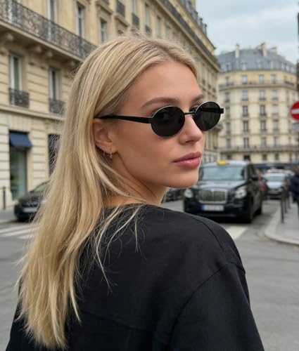 Fozono Premium Retro Vintage Oval Sunglasses for Women & Men | Trendy Gold Metal Frame UV Protection-Beach Vacations Daily Fashion Shades(Matte Black Frame/Black Lens) - Image 2