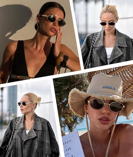 Fozono Premium Retro Vintage Oval Sunglasses for Women & Men | Trendy Gold Metal Frame UV Protection-Beach Vacations Daily Fashion Shades(Matte Black Frame/Black Lens) - Image 4