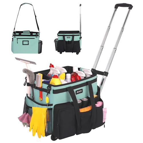 JKAOO Large Rolling Cleaning Caddy Bag with Detachable Trolley, Waterproof Cleaning Caddy on Wheels for Housekeepers, Cleaning Cart Supplies Organizer for Home,Car,Office,Picnic (Blue-Green) (Patent) - Image 1