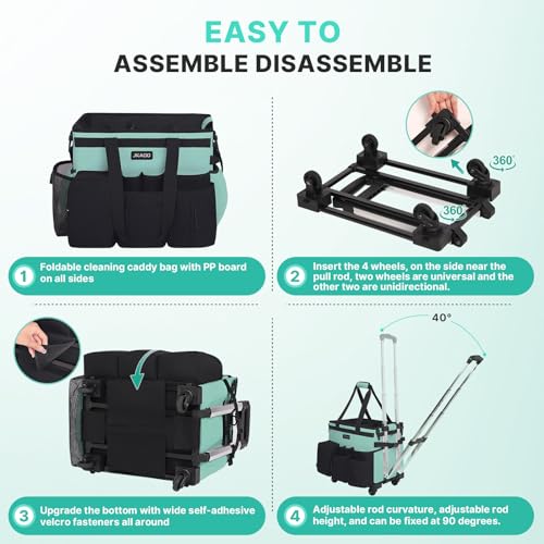 JKAOO Large Rolling Cleaning Caddy Bag with Detachable Trolley, Waterproof Cleaning Caddy on Wheels for Housekeepers, Cleaning Cart Supplies Organizer for Home,Car,Office,Picnic (Blue-Green) (Patent) - Image 4
