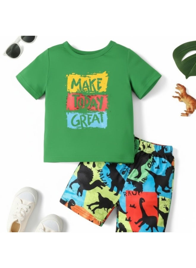 ديناصورز طقم صيفي أولادي قطعتين للأطفال، تيشيرت قطن نص كم بطباعة حروف وديناصور مع شورت، ملابس مريحة وناعمة للأطفال من عمر 1 إلى 4 سنوات، مناسب للاستخدام اليومي والخروجات - Image 1