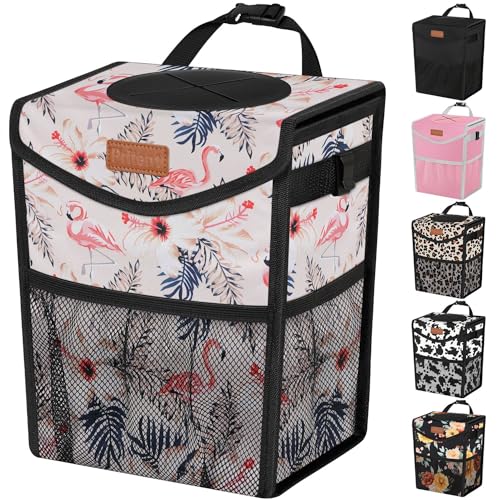 Pritent Car Trash Can with Lid Cute Leakproof Car Trash Garbage Bag Hanging Vehicle Trash Bin Small Portable Automotive Garbage Cans Organizer for BackFront SeatTrapezoidFlamingo Print - Image 1