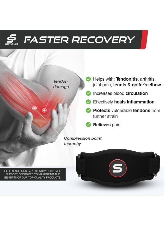 SS SLEEVE STARS Sleeve Stars Tennis Elbow Support Strap, Golfers Elbow Support for Men & Women Epicondylitis Clasp, Counterforce Arm Band for Tendonitis Relief, w/ 3 Straps Length, Fits 9"-23" (1, Black, One Size)  - Image 2