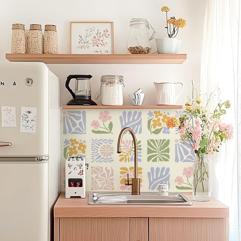 Alwayspon Self-Adhesive Vinyl Wall Tile Stickers, 10Pcs 15cm/6inch Peel and Stick on Tiles Transfer Vinyl Flooring Waterproof Splashback for Kitchen Bathroom, Floral - Image 1