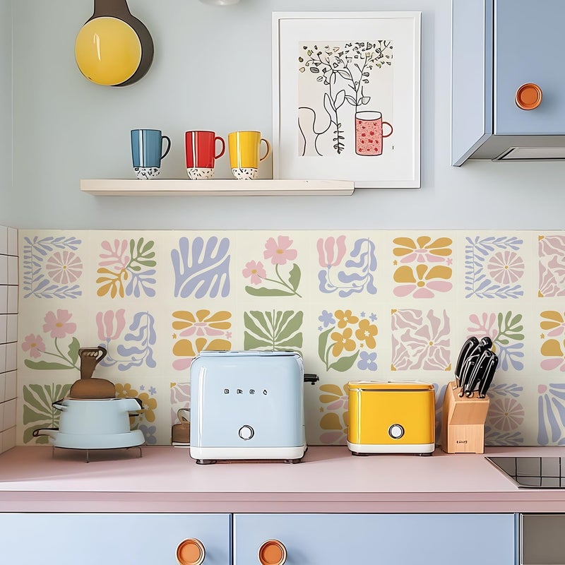Alwayspon Self-Adhesive Vinyl Wall Tile Stickers, 10Pcs 15cm/6inch Peel and Stick on Tiles Transfer Vinyl Flooring Waterproof Splashback for Kitchen Bathroom, Floral - Image 3