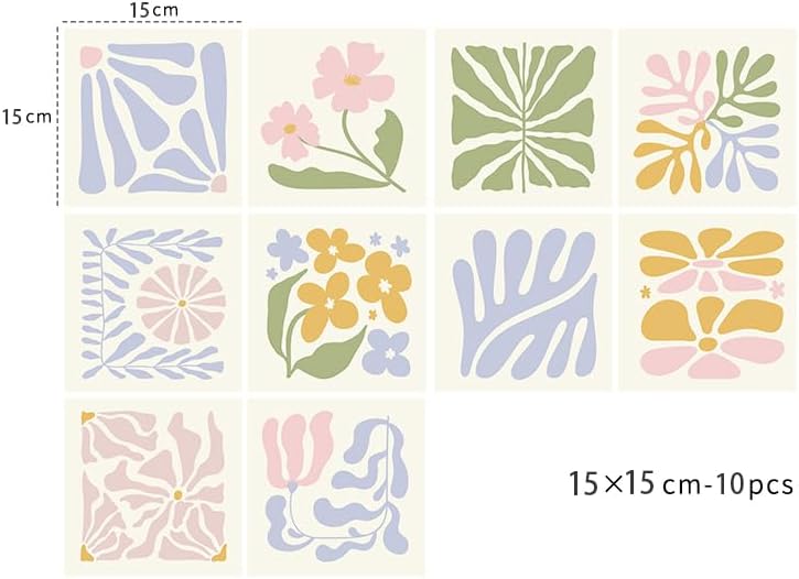 Alwayspon Self-Adhesive Vinyl Wall Tile Stickers, 10Pcs 15cm/6inch Peel and Stick on Tiles Transfer Vinyl Flooring Waterproof Splashback for Kitchen Bathroom, Floral - Image 2