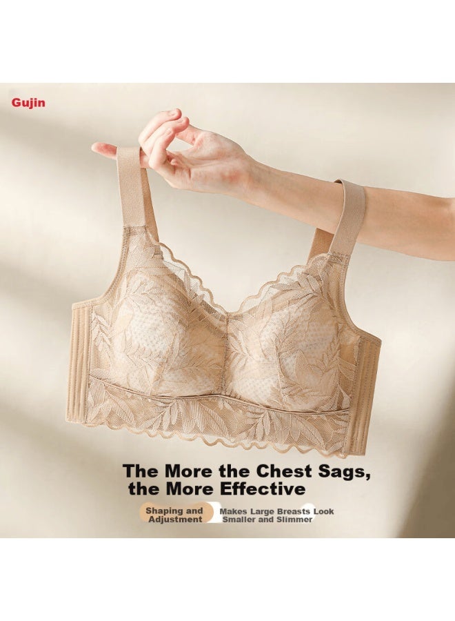 GUJIN Ancient Modern Large Bust Minimizing Soft Support Full Coverage Thin Breathable Side Slimming Adjustable Lace Elegant Romantic Bra - Image 1