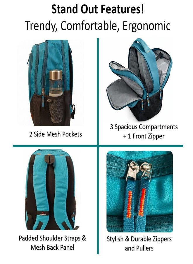 40L Ergonomic Laptop Backpack for Men & Women | 3 Compartments + 1 Front Zipper | Laptop Sleeve | Side Mesh Pockets | Padded Shoulder Straps | College, Office & Travel Bag (Blue/Green/Grey) (Green) - Image 2