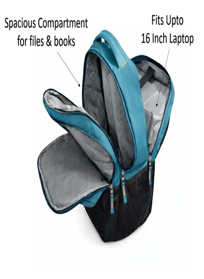 40L Ergonomic Laptop Backpack for Men & Women | 3 Compartments + 1 Front Zipper | Laptop Sleeve | Side Mesh Pockets | Padded Shoulder Straps | College, Office & Travel Bag (Blue/Green/Grey) (Green) - Image 5