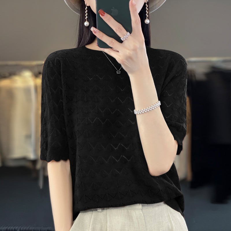 Z-Line Ready-To-Wear Fine Wool Short-Sleeve T-Shirt For Women, New Summer Style, Round Neck, Hollow-Out, Thin Top, Stylish Base Shirt - Image 1