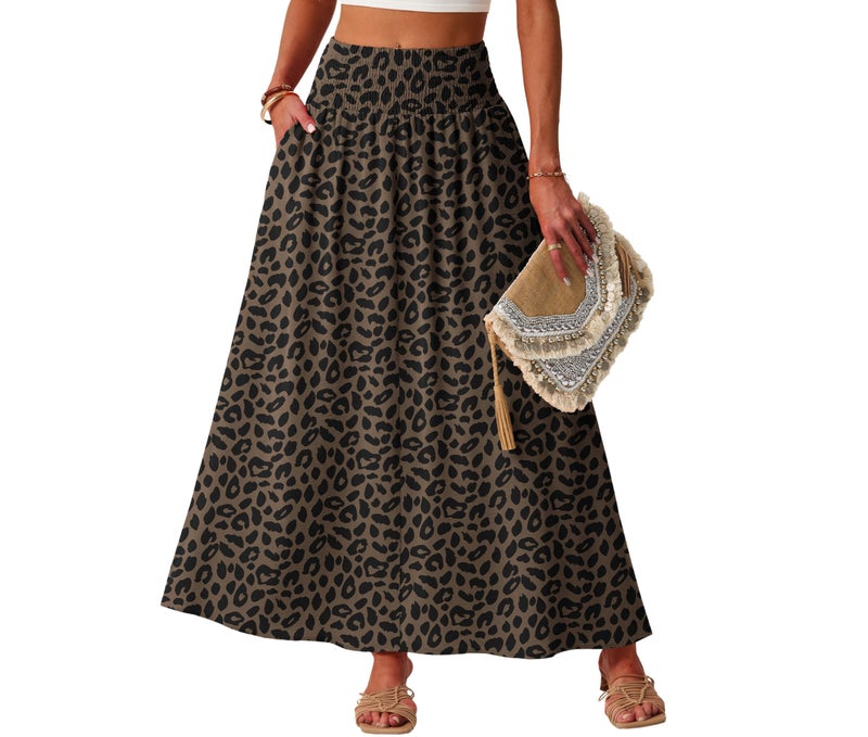 Lepunuo Casual Maxi Boho Skirts Casual Smocked Waisted Trendy Floral Skirts with Pockets - Image 1