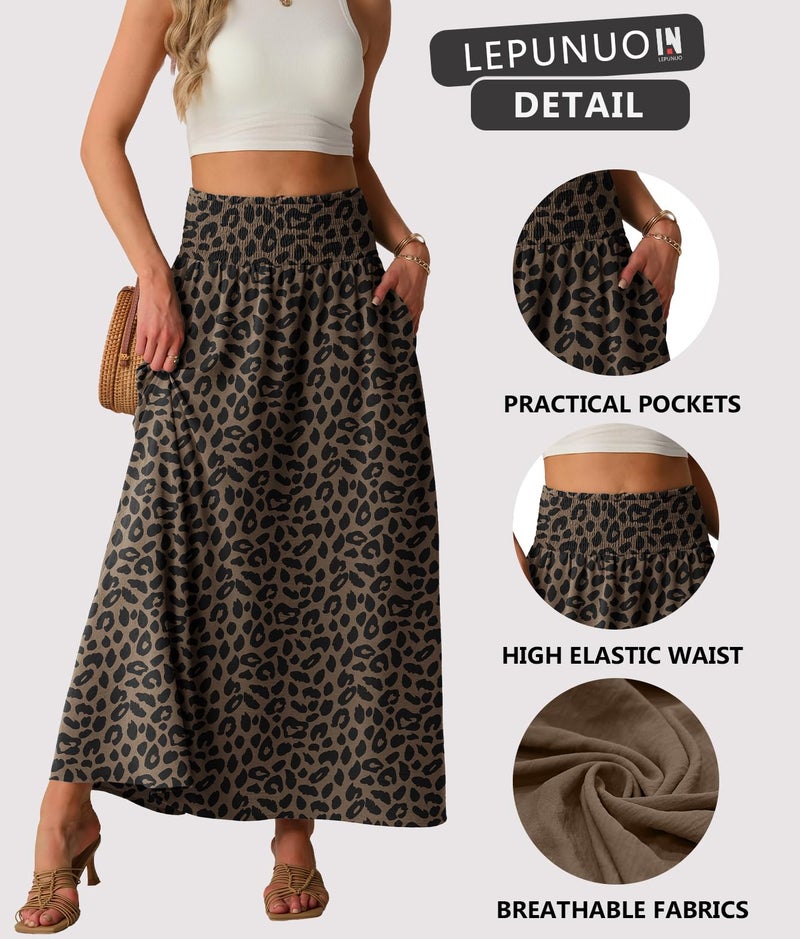 Lepunuo Casual Maxi Boho Skirts Casual Smocked Waisted Trendy Floral Skirts with Pockets - Image 5
