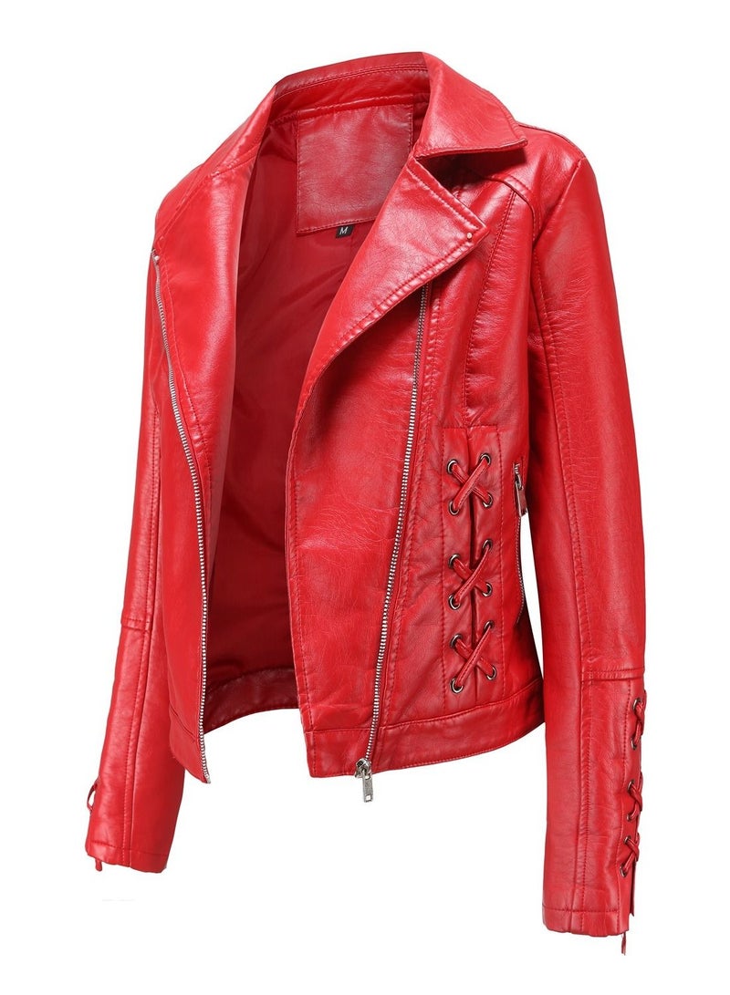 Loquat New Fashion Knitted Leather Coat with Strap Leather Coat Red  - Image 1